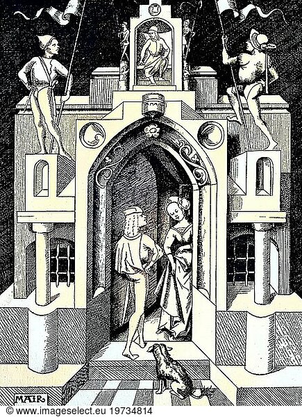 Digital restauriert  Mann und Frau am Eingang zum Frauenhaus  Haus des Vergnügens  Kupferstich des Mair von Landshut  15. Jahrhundert  Veröffentlichung aus dem Jahr 1882  Digital improved:  Man and woman at the entrance to the women's house  House of Pleasure  copper engraving des Mair von Landshut  15th century  publication from the year 1882