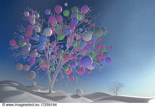 Digitally generated image multicolor balls growing on tree