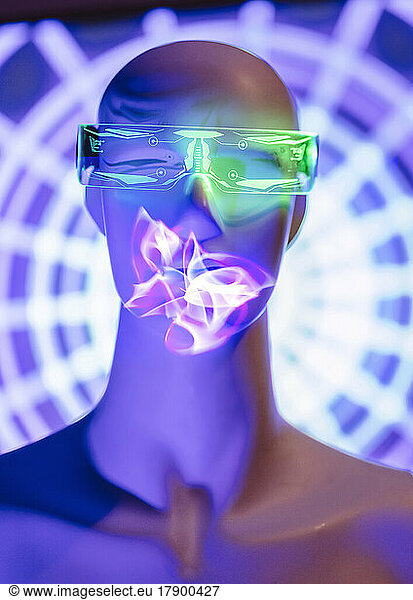 Digitally generated image of robot wearing futuristic eyeglasses with hologram over face