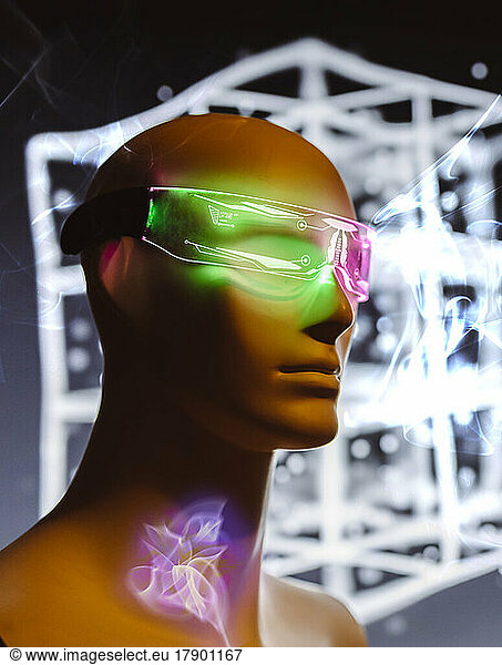 Digitally generated image of robot wearing futuristic smart eyeglasses