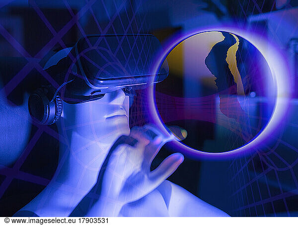 Digitally generated image of robot wearing virtual reality simulator touching sphere