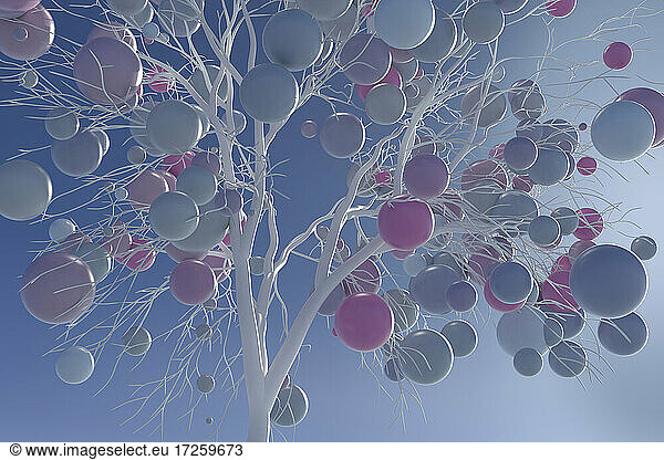 Digitally generated image pastel balls growing on white tree