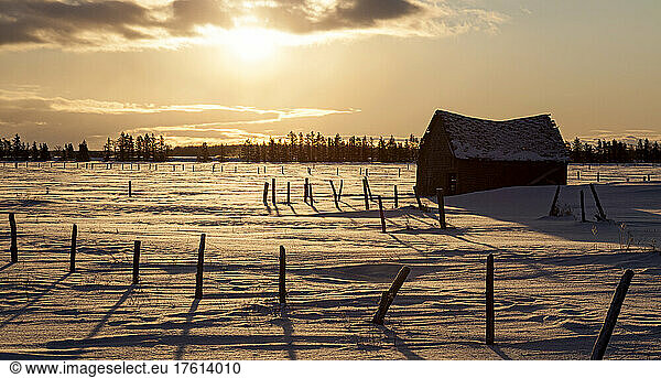 Dilapidated barn at sunrise in winter; Rudyard  Michigan  United States of America