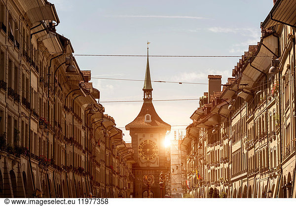Diminishing perspective of buildings in street  Bern  Switzerland  Europe