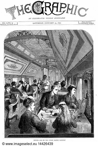 Dining car on the Union Pacific Railroad  USA. Wood engraving  London  January 1870