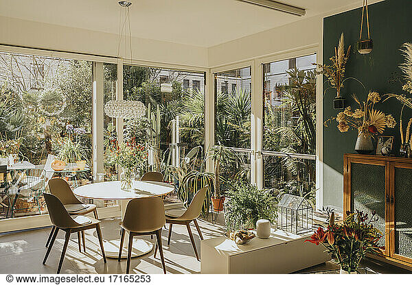 Dining room with flowers and plants at home