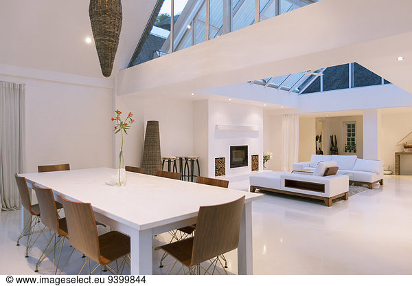 Dining table  sofas and skylights in open dining and living area of modern house
