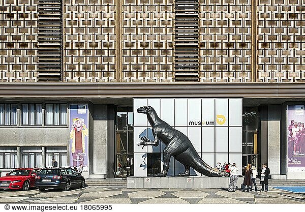 Dinosaurs at the entrance of the Royal Belgian Institute of Natural Sciences  Museum of Natural Sciences dedicated to natural history  in Brussels  Belgium  Europe
