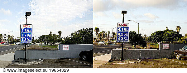Diptych picturing the change in Gas prices from May of 2008 to December of 2008 in San Diego  CA.