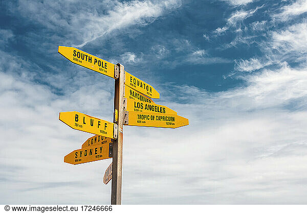 Directional signpost standing against sky