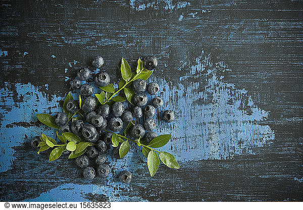 Directly above shot of blueberries with leaves on table