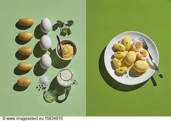Directly above shot of eggs by ingredient in plate with fork on green background