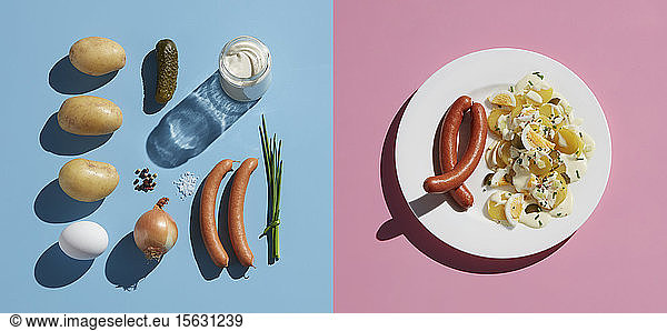 Directly above shot of healthy meal by ingredient in plate with fork on colored background