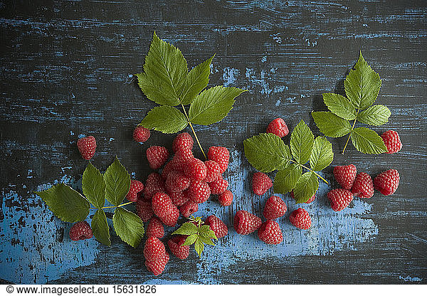 Directly above shot of raspberries with herbs on table