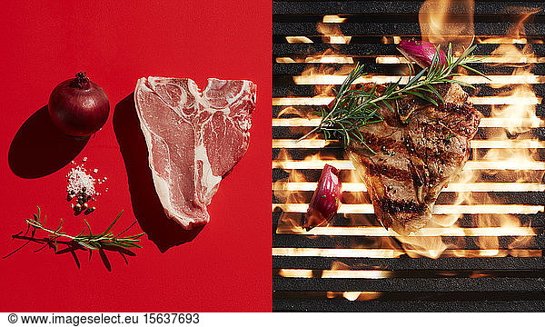Directly above shot of steak grilling by ingredients on red background