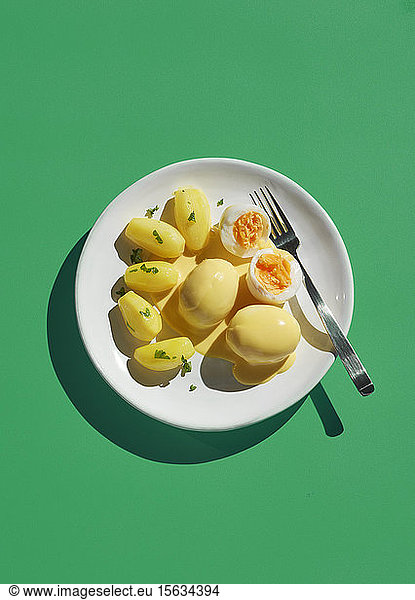 Direkt über der Aufnahme einer gesunden Mahlzeit im Teller mit Gabel auf grünem Hintergrund