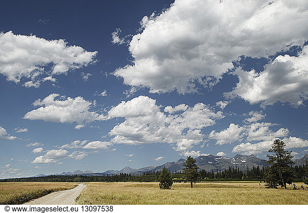 Dirt road on field against sky
