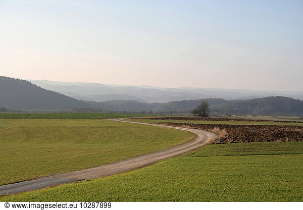 Dirt road passing through rural landscape  Bavaria  Germany