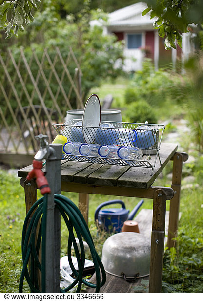 Dish drainer at an allotment  Sweden.