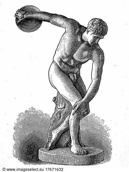 Diskobolos  Diskuswerfer  von Myron  um 500 v. Chr. 440 v. war einer der bedeutendsten griechischen Bildhauer der griechischen Antike  Historisch  digitale Reproduktion einer Originalvorlage aus dem 19. Jahrhundert