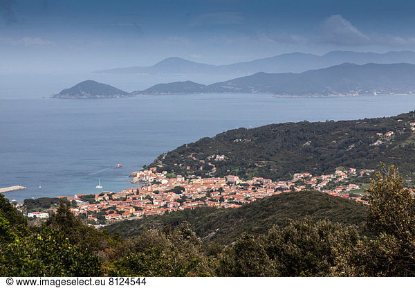 Distant view of Marciana town  Elba Island  Italy