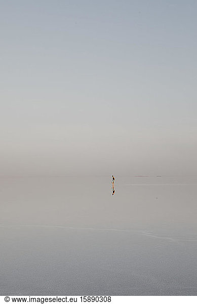 Distant view of woman standing at Lake Karum  Danakil Depression  Ethiopia  Afar