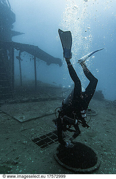 diver exploring the Sattakut wreck off the coast of Koh Tao