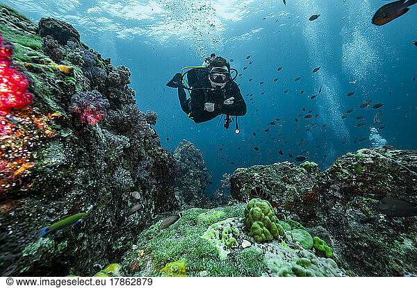Diver exploring the tropical waters at the Andaman Sea in Thailand