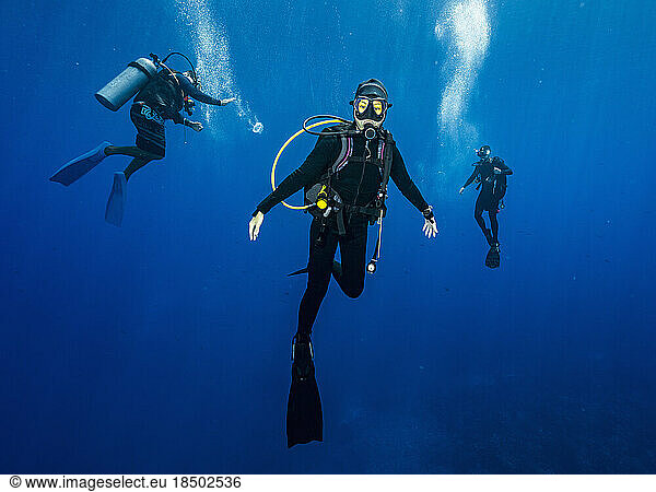 diver floating in the Banda Sea during mandatory safety stop