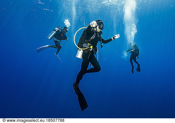diver floating in the Banda Sea during mandatory safety stop