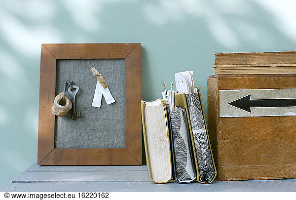 DIY bulletin board made of felt and picture frame  wooden box  book and document holders made of book covers
