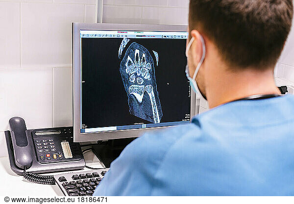 Doctor examining x-ray Image on computer at hospital