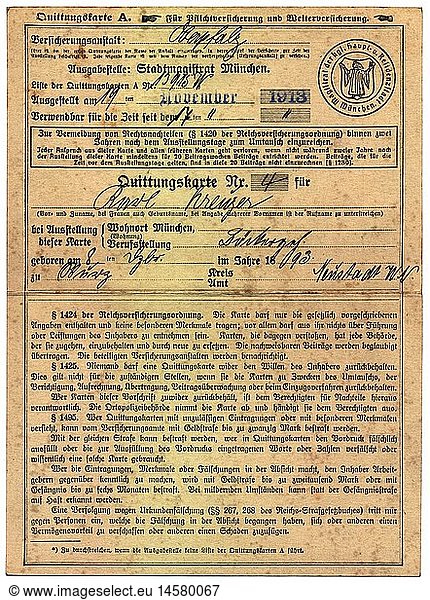 documents  receipt card A of the worker's pension insurance  draw up for the baker journeyman Karl Kreuzer  City of Munich  19.11.1913