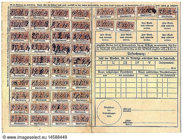documents  receipt card A of the worker's pension insurance  draw up for the baker journeyman Karl Kreuzer  City of Munich  19.11.1913  reverse  stamps from 23.11.1913 to 8.11.1914  insurances  pension insurance fund  pension scheme  pension insurance scheme  retirement insurance  disability insurance  workers  worker  pension  payment  payment-in  payments  payments-in  receipt  receipts  craftsman  craftsmen  craftsperson  craftspersons  craftspeople  tradesman  tradesmen  aker  bakers  Germany  German Empire  Kingdom of Bavaria  Imperial Era  social security  social insurance  1910s  10s  20th century  documents  document  draw up  issue  make out  drawing up  issuing  making out  drawn up  issued  made out  cruiser  cruisers  stamps  stamp  historic  historical