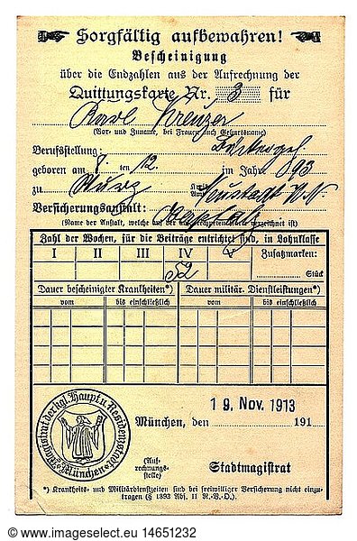 documents  receipt card of the worker's pension insurance  draw up for the baker journeyman Karl Kreuzer  City of Munich  19.11.1913