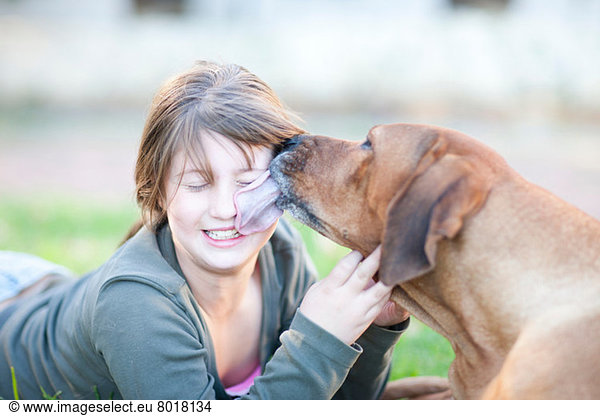 Dog licking girl's face