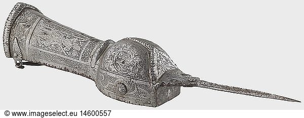 DOLCHE  MESSER UND BESTECKE  Indische Pata mit europÃ¤ischer Ã„tzung  Indien/Braunschweig um 1580 AufwÃ¤ndig geschmiedeter  eiserner Handschutz mit gebÃ¶rdeltem Rand und mehreren krÃ¤ftigen Zierrippen. Seitlich vernieteter Haltegriff und bewegliche Armspange. Am Handschutz vernietete  gegratete Vierkantstichklinge. GanzflÃ¤chig reiche ZierÃ¤tzung einer Braunschweiger Werkstatt mit stehenden Landsknechtsfiguren zwischen Rankendekor. AnhÃ¤ngende alte Sammlungsnummer. LÃ¤nge 57 cm. Extrem seltenes Kunstkammerobjekt  bei dem eine bereits im 16.Jhdt. nach Europa gelangte  indische Waffe durch eine deutsche ZierÃ¤tzung veredelt wurde. Provenienz: Sammlung der HerzÃ¶ge von Hannover  Schloss Marienburg.