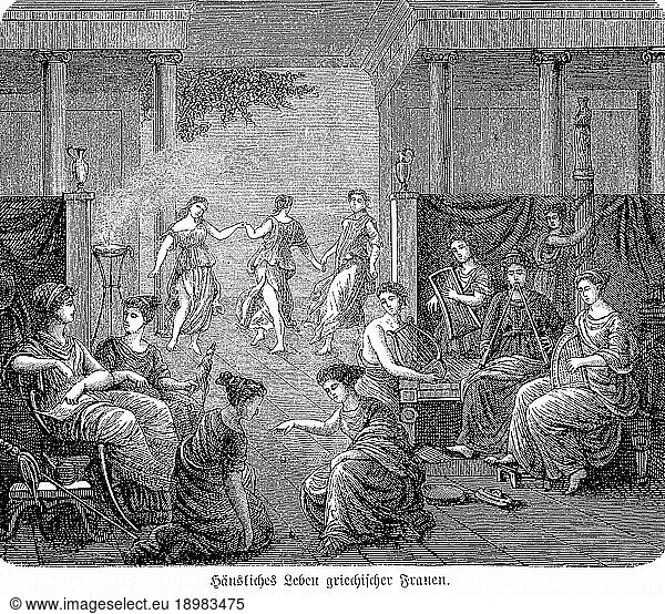 Domestic life of Greek woman  antiquity  Greece  distinguished  room  columns  incense  pleasure  talk  dance  play  sit  wealth  music  stringed instruments  lyre  flutes  history  historical illustration 1894  Europe