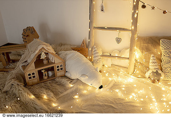 Domestic room decorated with fairy lights