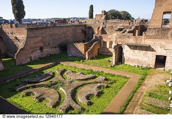 Domus Augustana is the modern name for the domestic wing of the ancient and vast Roman Palace of Domitian (92 AD) on the Palatine Hill. Rome. Italy.
