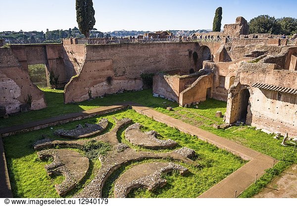 Domus Augustana is the modern name for the domestic wing of the ancient and vast Roman Palace of Domitian (92 AD) on the Palatine Hill. Rome. Italy.