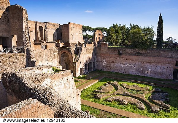 Domus Augustana is the modern name for the domestic wing of the ancient and vast Roman Palace of Domitian (92 AD) on the Palatine Hill. Rome. Italy.