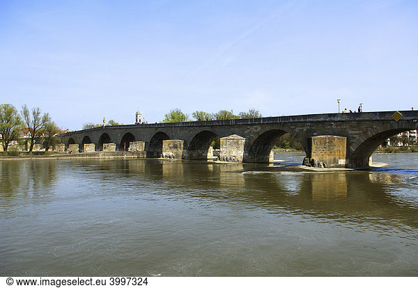Donau mit der alten Steinernen Brücke  Regensburg  Oberpfalz  Bayern  Deutschland  Europa