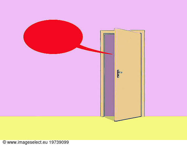 Door emitting speech bubble near pink wall
