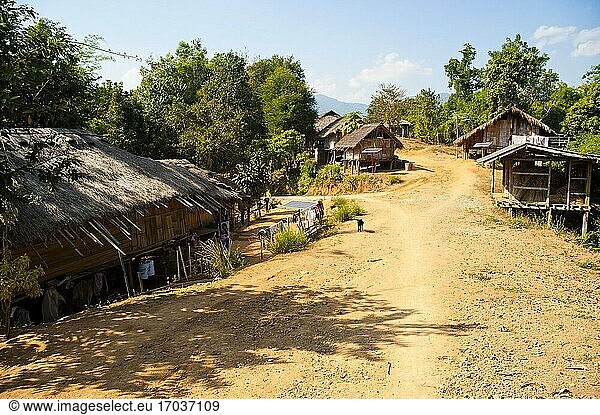 Dorf des Akha-Stammes in der Nähe von Chiang Rai  Thailand. Chiang Rai liegt in den Bergen im Norden Thailands. Aufgrund der atemberaubenden Landschaft und der Reisfelder in der Umgebung ist es ein beliebter Ort für Touristen  die eine Wanderung zu traditionellen Stämmen wie dem Akha-Stamm  dem Lahu-Stamm und dem Hmong-Stamm unternehmen. Chiang Rai bietet nicht nur die Möglichkeit  die Dorfbewohner bei der Reisernte zu begleiten  sondern auch viele andere Sehenswürdigkeiten wie buddhistische Tempel und Märkte.