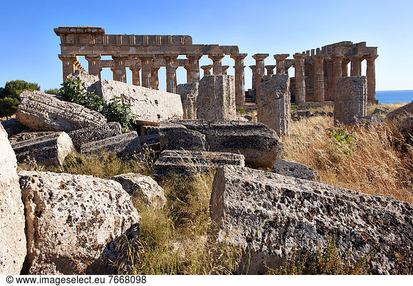 Dorischen Säulen  griechisch-dorische Ruinen des Tempels F bei Selinunte  Sizilien  Italien  Europa