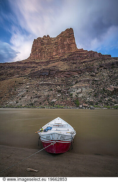 Dory boat on riverbank  Green River  Utah  USA