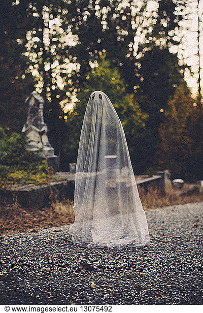 Double exposure of boy in ghost costume against trees at cemetery during Halloween