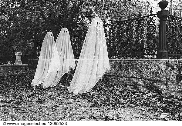 Double exposure of boys in ghost costumes at cemetery during Halloween