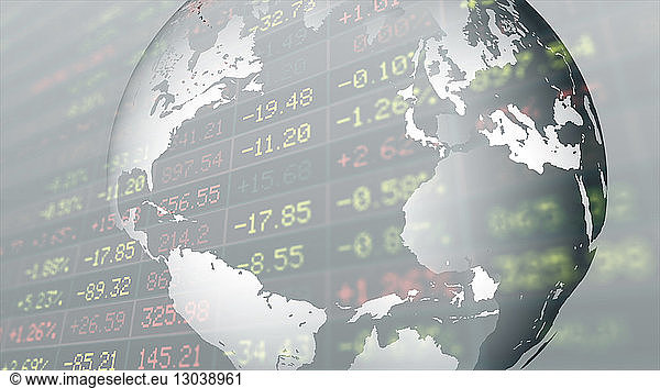 Double exposure of globe and stock market data on trading board